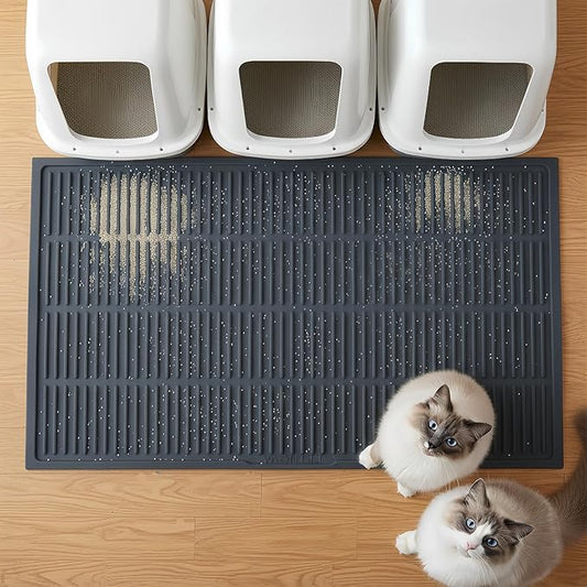 PetNova Extra Large Litter Mat: XL 39"x29" Silicone Waterproof Groove Design Litter Trapping Mat Easy to Clean for Multiple-Cats - Jumbo Non-Slip Cat Box Rug for Floor (Black)