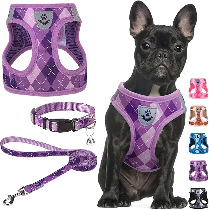SCENEREAL Small Dog Harness and Leash Collar Set, Step in No Pull Soft Mesh Dog Harnesses for Small Medium Sized Dogs Puppy and Cats Outdoor Walking, No Chock Reflective Vest Harness, Purple Plaid M