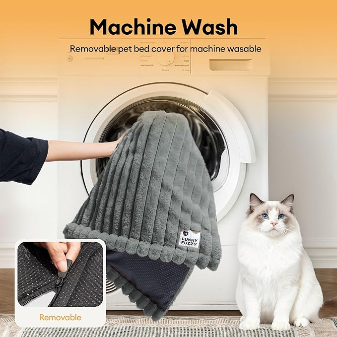 FUNNY FUZZY Self Warming Cat Bed, Waterproof Corduroy Fleece Warm Self Heating Pad for Cats & Dogs, Non-Skid Thermal Pet Mat Indoor with Removable Washable Cover - ThermoPad, 31.5"×25", Grey