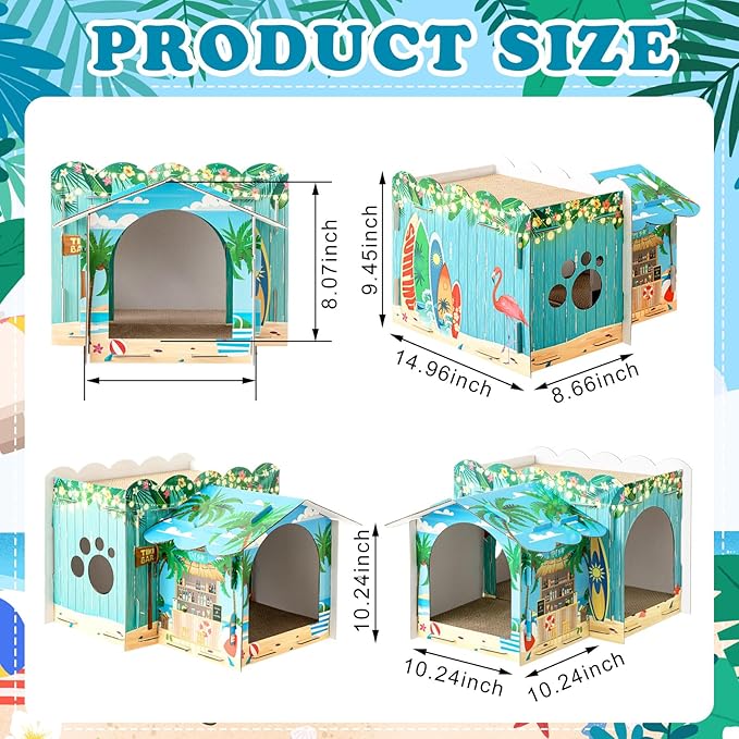 2 Story Cardboard Cat House with Scratcher Pad for Small Kitten,17x12x10 Multi Level Durable Cat Condo & Villa for Bunny Rabbit Small Animals Christmas Birthday Gift(Hawaii)