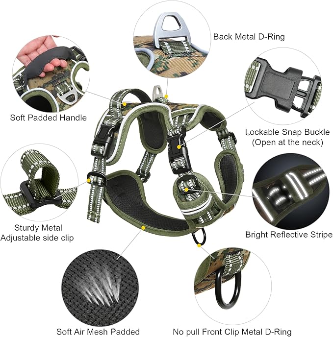 Timos Dog Harness Large Sized,No Pull Dog Harness Adjustable Metal Rings 3 Buckles,Reflective No Choke with Easy Control Handle for Large Dogs,Military Green XL