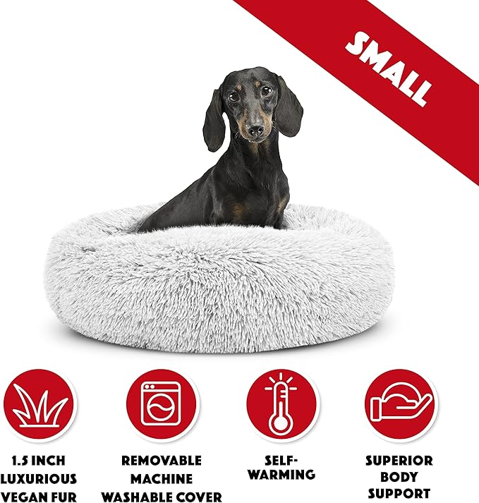 The Dog's Bed Sound Sleep Donut Dog Bed, Small Ice White Fur Calming Nest Bed, Veterinary Approved