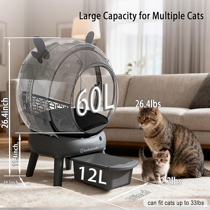 J JORBASADO Self Cleaning Litter Box, Automatic Cat Box for Multiple Cats, APP Real-Time Monitor Cat Litter Box Automatic Cleaning, Safety Protection,with 1 Trash Bag, Ears Design