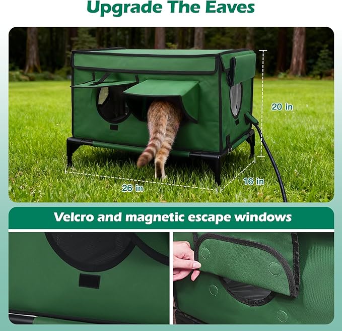 Heated Cat House for Outside Winter, Insulated & Weatherproof, Elevated Heated Cat Shelter with Heating Pad, Escape Door & 4 Windows, Warm House for Outdoor Stray Feral Barn Cats (Green, 26"x16"x20")
