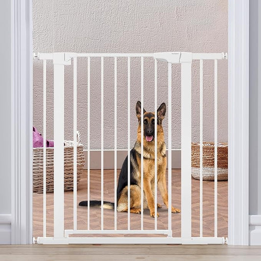 Mumeasy 36" High Extra Tall Dog Gate, 29.6"-40.5" Wide Pressure Mounted Tall Baby Gate for Dog, Auto Close Pet Gate with Door for Stairs,Doorways,House,White