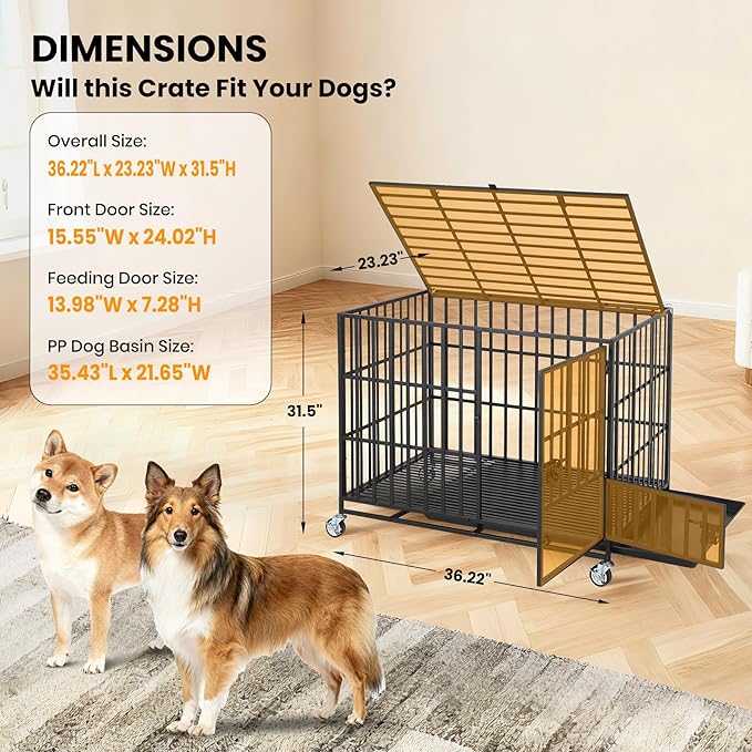 Garvee 36 Inch Heavy Duty Dog Crate, Metal Escape Proof Dog Kennel Indoor with 3 Doors, Removable Tray, Large Dog Cage with Wheels for Large and Medium Dogs, Black