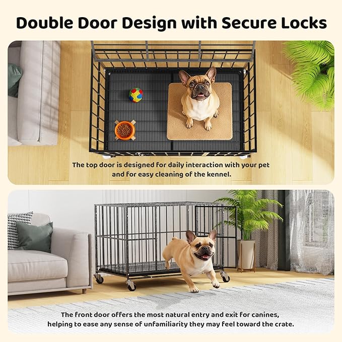 Heavy Duty Dog Crate 38 Inch, Indestructible Dog Crate with Removable Tray, Escape Proof & High Anxiety Dog Kennel Indoor, Metal Dog Cage with Wheels for Large Dogs, XL XXL XXXL