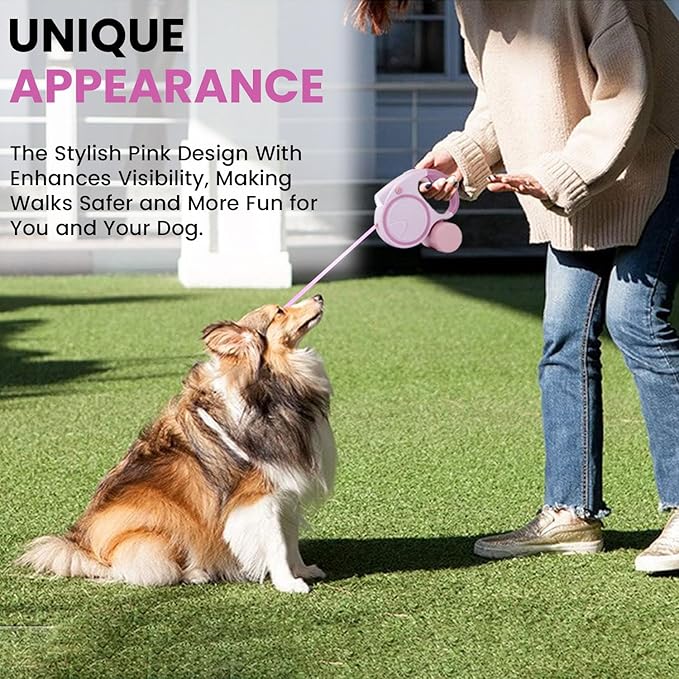 Best Dog Supplies | Pink Retractable Dog Leash with Light, Poop Bag Dispenser, Poop Bag Holder, 2 Elastic Ropes | Set of 4