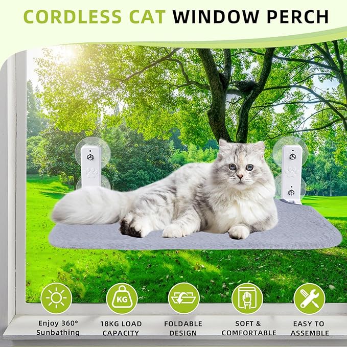 Cat Window Perch, Foldable Cat Window Hammock Sunbathing and Climbing Cats Hammock for Window Bed Bearing 40 Pounds Window Perch for Cats Inside 2-in-1 Reversible Cover (Light Gray)