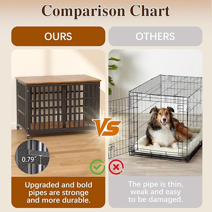 48 Inch Dog Crate Furniture, Heavy Duty Wooden Dog Kennel for Large Dogs, Chew Proof & Escape-Proof Indoor Dog Cage with TV Stand, for Anxious Dogs, Black Brown Cabinet