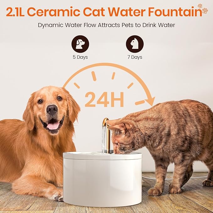 Ceramic Cat Water Fountain - 2.1L/71oz - All-Ceramic Body & Pure Copper Water Spout - Non-Toxic - Automatic Pet Drinking Fountain Indoor with Ultra-Quiet Pump, and 3Pcs Filter & Sponge (White)