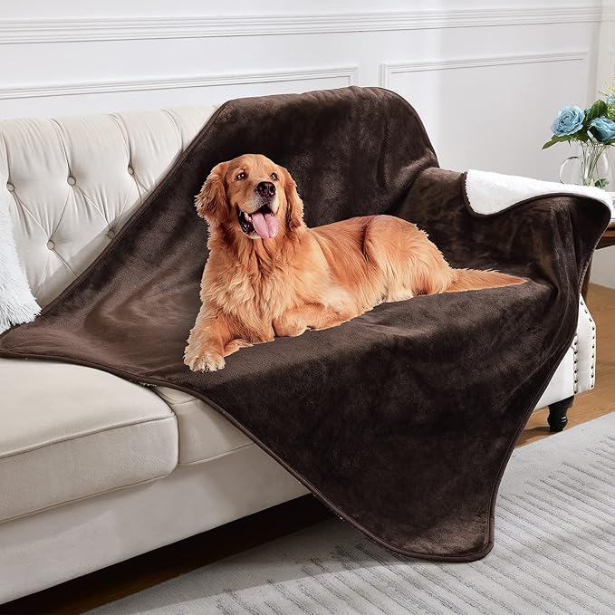 Waterproof Blanket for Bed Couch Sofa, Soft Liquid Pee Proof Pet Blanket for Dog Puppy Cat, Reversible Sherpa Fleece Furniture Protector (Brown, 50x60 inches)