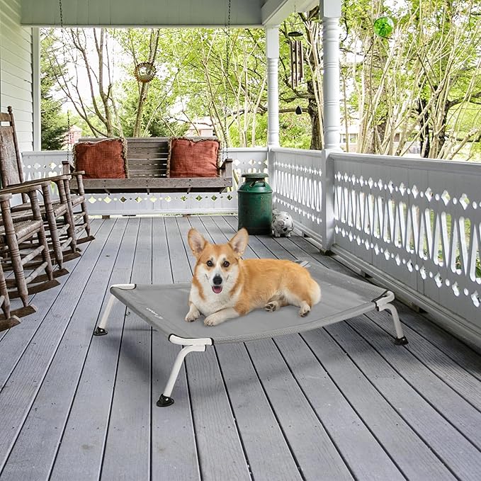 Veehoo Elevated Dog Bed for Outdoor, Cooling Waterproof Raised Dog Cots Beds for Medium Dogs, Curved Off Ground Pet Hammock Cot Lifted for Outside, up to 65lbs, White Legs, Grey 32"