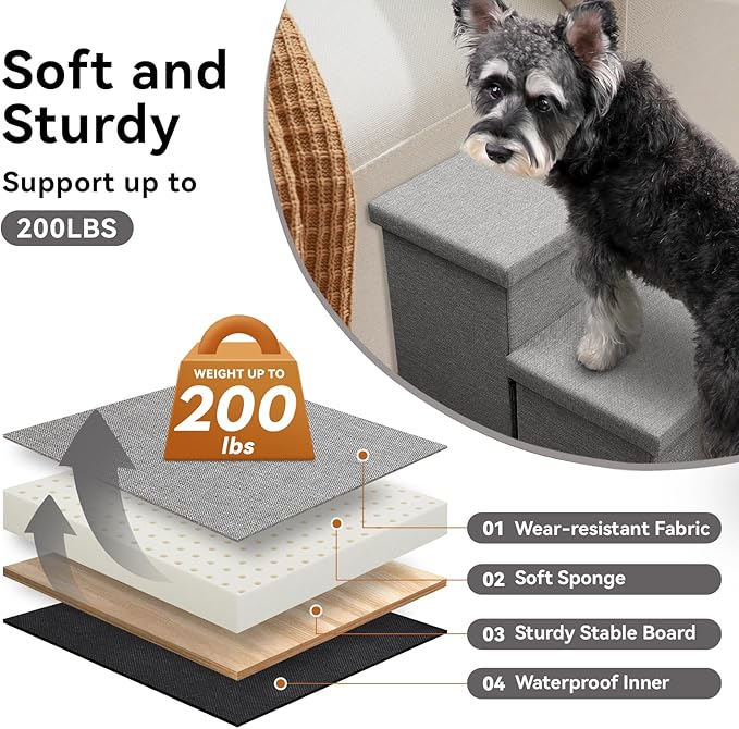 Wider Dog Stairs with Storage 18" H, 3-Step Sturdy Dog Steps for Large/Medium/Small Older Senior Dogs Cats, Folding Pet Stairs Climbing Bed or Couch, Arthritis-Friendly (Gray, No Condo)
