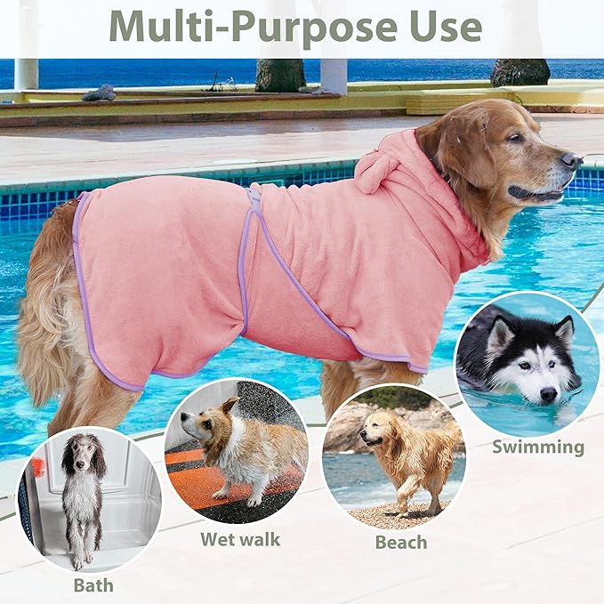 Dog Bathrobe Super Absorbent Towel Robe - Microfiber Bath Towels Fast Drying Coat for Dogs, Cute Dogs Clothes Adjustable Collar & Belly Strap Warm Keeping Hooded Dog Towel (Pink, Large)