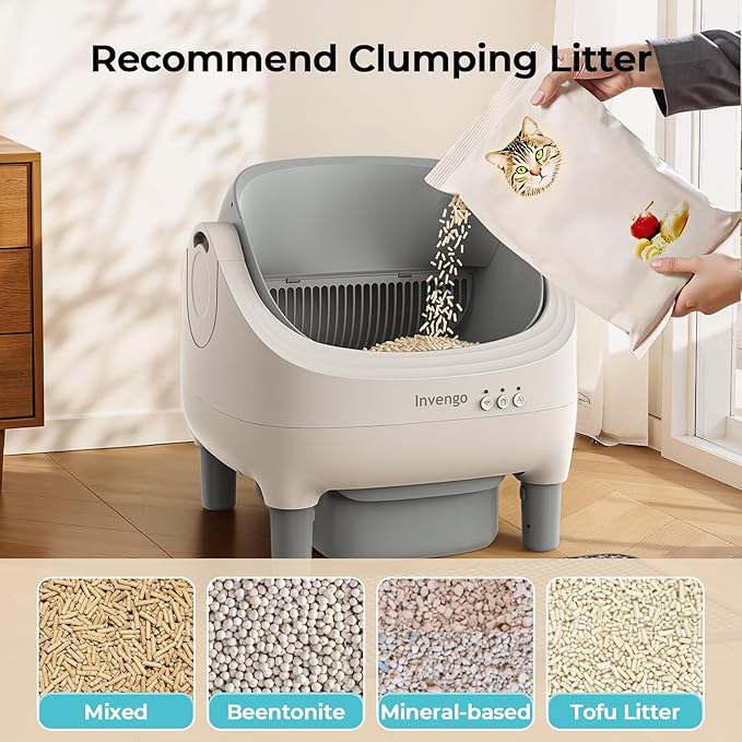 Automatic Cat Litter Box Self Cleaning, App Control, Open-Top Automatic Litter Box with Safety Sensors, Ultra-Quiet, 10L Waste Bin with Odor Control, 2 Rolls of Garbage Bags, LightGrey