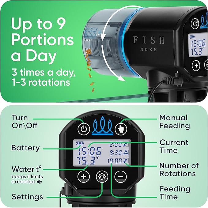 FISHNOSH Automatic Fish Feeder for Aquarium with Digital Thermometer - 2025 Auto Fish Food Dispenser Programmable, Vacation Feeder for Fish, Adjustable Portions, Auto Fish Feeder for Small & Big Tanks