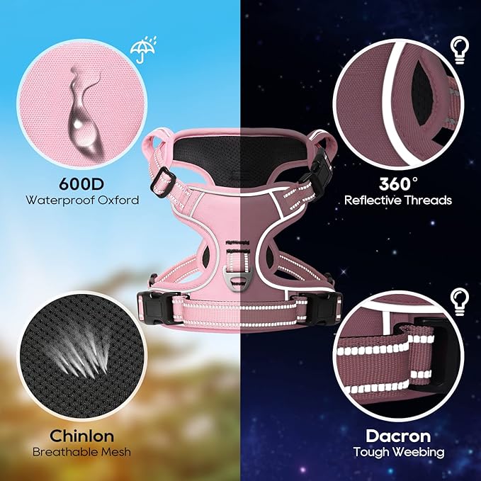 Timos Dog Harness, 3 Snap Buckles No-Pull Soft Padded Dog Vest with 2 Metal Leash Clips, Adjustable Reflective No Choke Pet Harness with Easy Control Handle for Large Dogs,Pale Pink,L