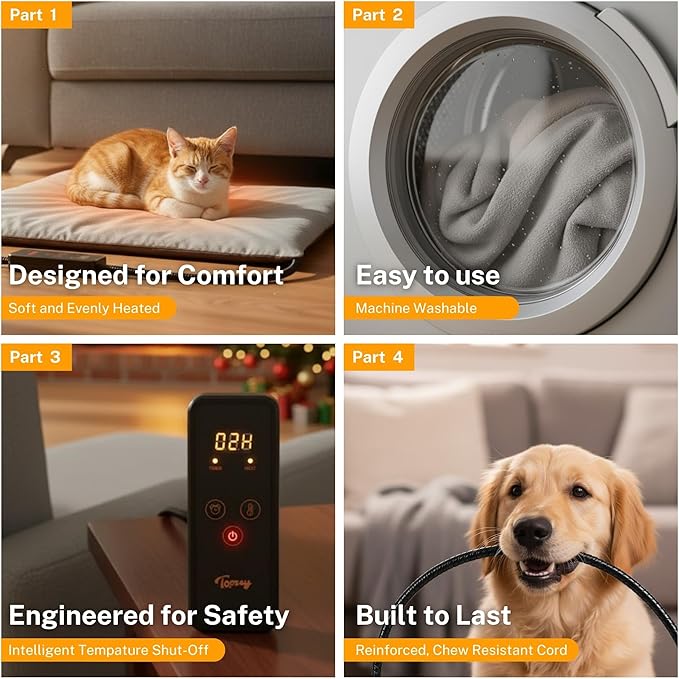 Toozey Large Heated Pet Mat 35x24 in - Waterproof, Chew Resistant, 6 Temp Settings with Timer, Indoor Use for Dogs and Cats