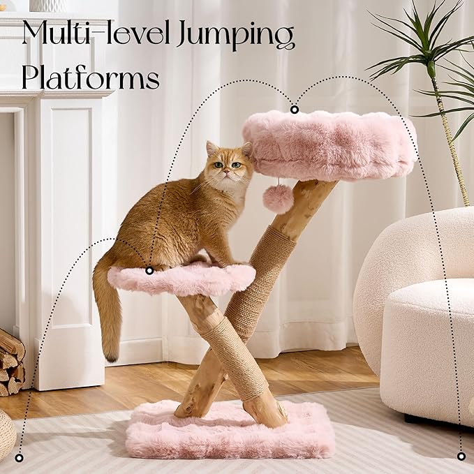 Solid Wood Cat Tree, Modern Cat Tree Tower for Large Indoor Cats, Natural Real Pear Wooden Aesthetic Cat Condo with Scratching Post for Adult Kittens-Pink