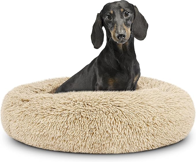 The Dog’s Bed Sound Sleep Donut Dog Bed, Small Beige Fur Calming Nest Bed, Veterinary Approved