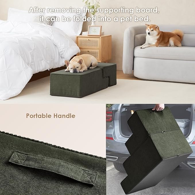 EHEYCIGA Dog Stairs for Bed 20" H, 4-Step Extra Wide Dog Steps for High Bed, Pet Steps for Small Dogs and Cats, Non-Slip Balanced Pet Ramp Indoor, Military Green