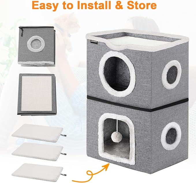 URPOWER 2 Story Cat Bed, Large Cat House for Indoor Cats Covered Cat Cave with Hideaway, Scratch Pad and Fluffy Ball, Foldable Cat Cube Condos Kitten Beds & Furniture for Multiple Small Pets