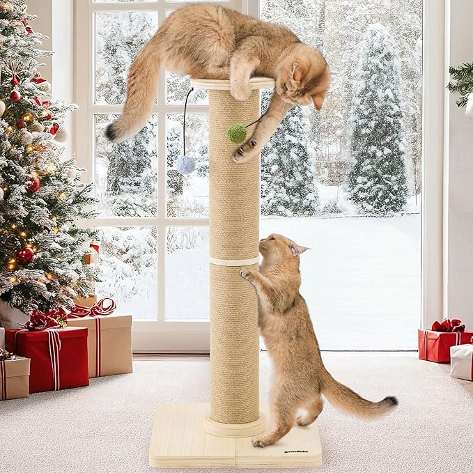 35'' Tall Cat Scratching Post, 4.7'' Large Scratch Post with Thicken Wooden Base for Indoor Cats Adults, Sisal Scratcher Top & Dangling Balls, Super Sturdy