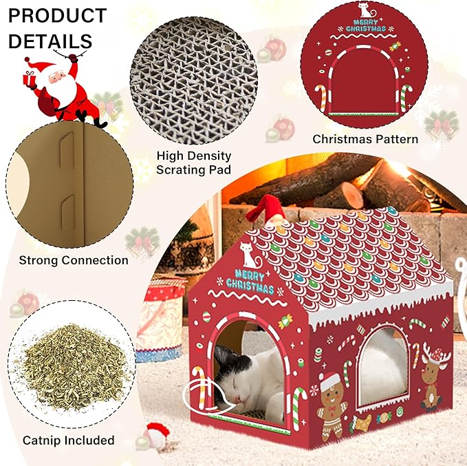 WESTERN HOME Cardboard Cat House W/Scratcher, Christmas Cat Houses for Indoor Cats (16.5''x12''x15''), Bunny&Kitten Hideaway Cats Scratching Playhouse for Christmas Decorations