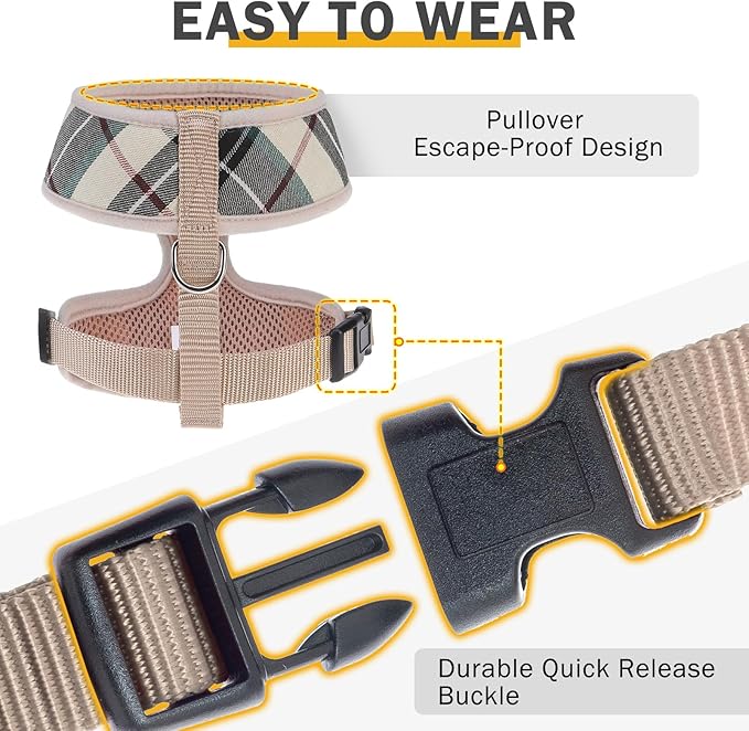 SCENEREAL No Pull Small Dog Harness Collar and Leash Set, Soft Mesh Step in Plaid Puppy Harnesses for Fall Winter, No Chock Adjustable Pet Vest for Outdoor Walking Training and Running, Beige S