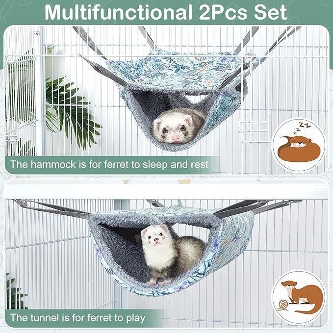 Bienbee 2 Pcs Ferret Rat Hammock Set for Cage Washable Guinea Pig Hideout Bed Soft Small Animal Hammock Tunnel Toys Ferret Cage Accessories for Hedgehog Sugar Glider Squirrel Hamster