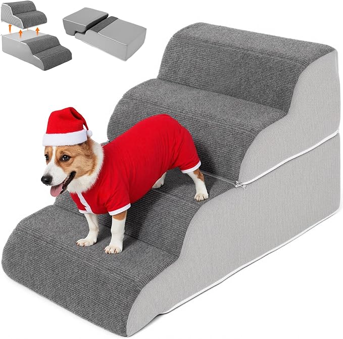 4-Steps Dog Stairs for Bed and Couch 16.9" H, Wider Pet Stairs for Small Old Large Dogs Cats, 30°Steady Non-Slip Dog Steps, Washable Dog Ramp with Removable Cover, PE Boards