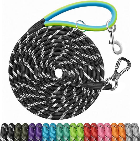 NTR Dog Long Leash, 15FT Puppy Obedience Recall Training Rope Lead with 2 Swivel Hooks, Reflective Threads and Soft Handle, Puppy Leash for Walking, Hunting, Camping for Small Medium and Large Dogs