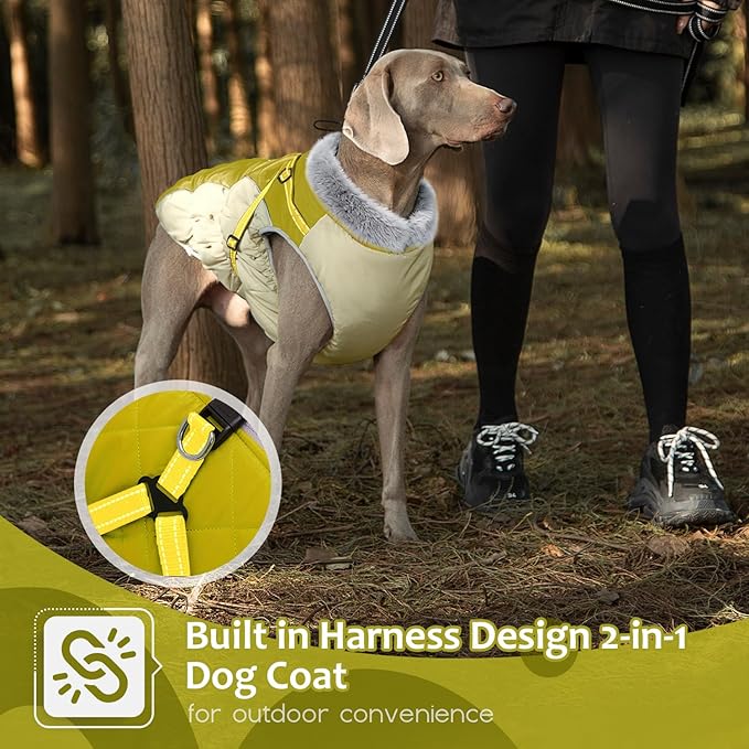 Dog Winter Coat with Harness, Dog Jacket, Pet Clothes with Zipper on Back, Waterproof Windproof Warm Vest, Reflective Cold Weather Coats, for Small Medium Large Dogs, Thick, Green, 2XL