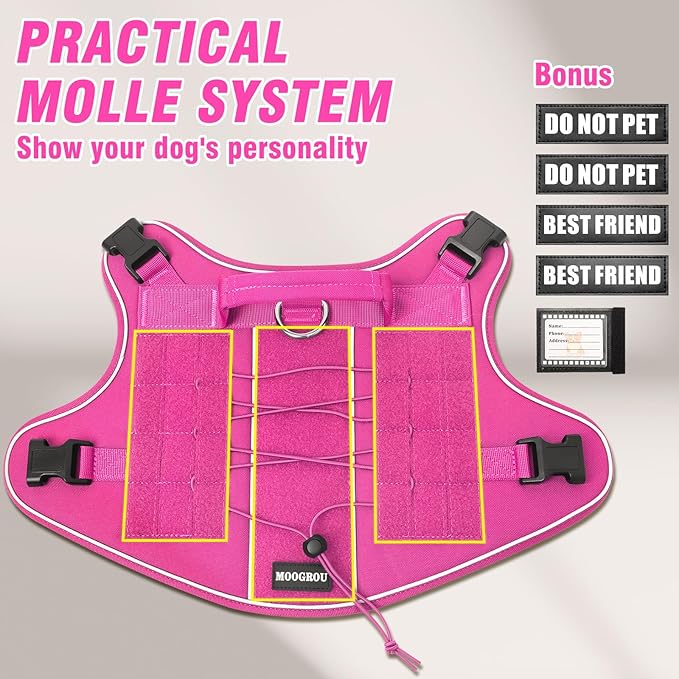 Tactical Dog Harness Small Sized Dog,No Pull Military Dog Vest with Handle,Reflective Heavy Duty Pet Harness for Walking Hiking Training Hot Pink S
