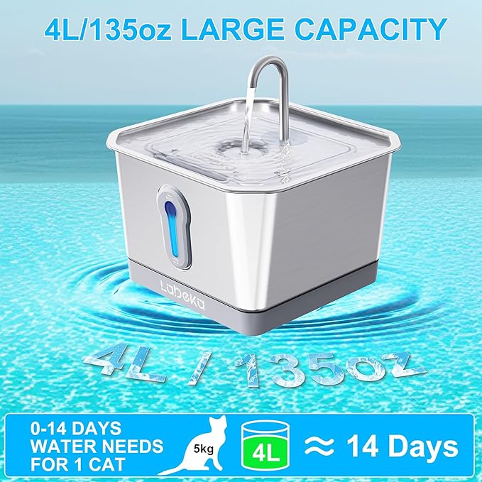 Stainless Steel Cat Water Fountain 135oz/4L:Battery Operated Wireless Cat Fountains for Drinking Indoor, Automatic Pet Water Dispenser with Ultra Quiet Pump,Multi-Filtration(2Filters)