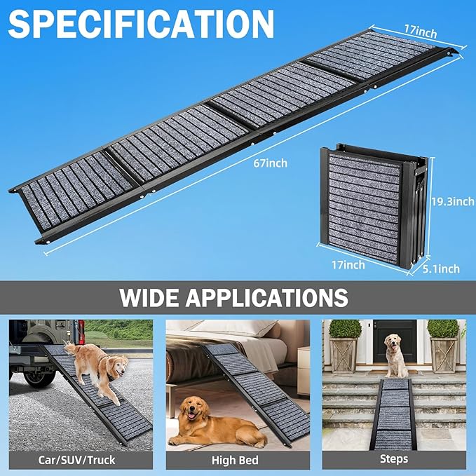 Dog Ramp for Car, 67'' Portable Pet Ramp for Large Dogs Up to 250 LBS, 17.3" Wide Folding Dog Ramp, with Anti-Slip Rug Surface, Outdoor Dog Ramps for SUV Car & Truck