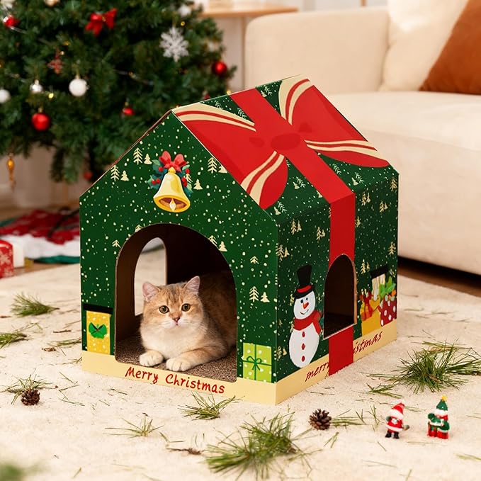 Christmas Cardboard Cat House with Scratching Pad (15"x12"x15") Christmas Decorations Scratching Pad for Kitty Cat Play House for Indoor Cats Christmas Red