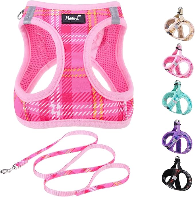 PUPTECK Dog Harness and Leash Set for Small Medium Dogs No Pull Step-in Soft Mesh Puppy Cat Vest Harnesses Reflective at Night, Plaid Pattern Pink XS
