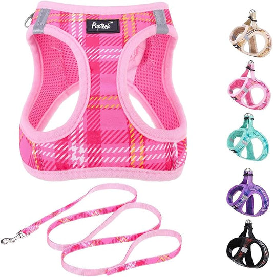 PUPTECK Dog Harness and Leash Set for Small Medium Dogs No Pull Step-in Soft Mesh Puppy Cat Vest Harnesses Reflective at Night, Plaid Pattern Pink XS