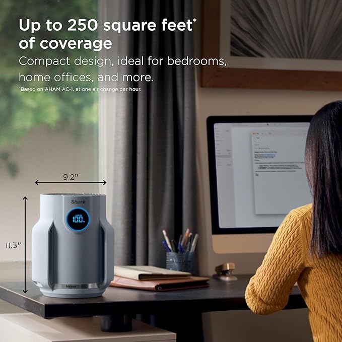 Shark Air Purifier for Home, NeverChange Compact Pro, for Bedroom, Nursery, Home Office, Dorm, HEPA-Exceeding Filter, Captures Pollutants, Pet Dander, Dust, Odor, Smoke, and More, HP071BRN, Winter Fog