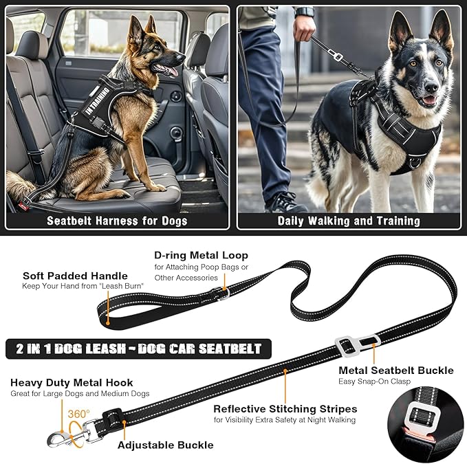 Tactical Dog Harness and Leash Set for Large Dogs,Heavy Duty No Pull Service Dog Vest and 10 Patches with Dog Seat Belt,Reflective Adjustable Pet Harness for Training Walking Hiking Black XL
