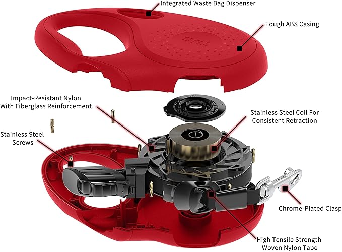 TUG Oval 360° Tangle-Free Retractable Dog Leash with Integrated Waste Bag Dispenser (Large, Red)