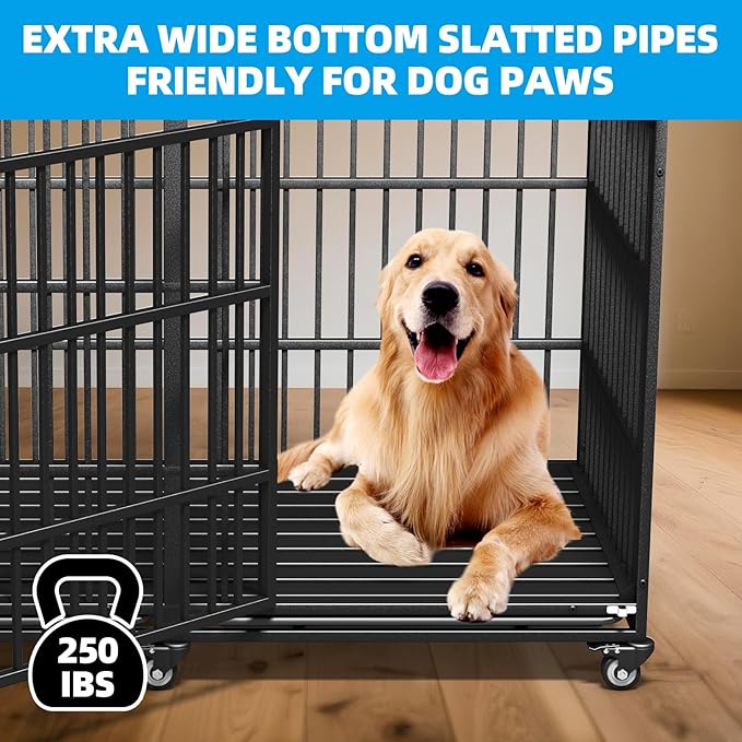 64" Heavy Duty Dog Crate Indestructible Dog Pet Kennel Cage for Extra Large Giant Breeds Double Doors Locakable Wheels High Anxiety Escape Proof Pet Dog Playpen