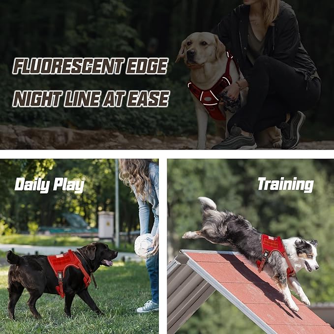 AUROTH Tactical Dog Harness for Large Dogs No Pull Adjustable Pet Harness Reflective K9 Working Training Easy Control Pet Vest Military Service Dog Harnesses Red M