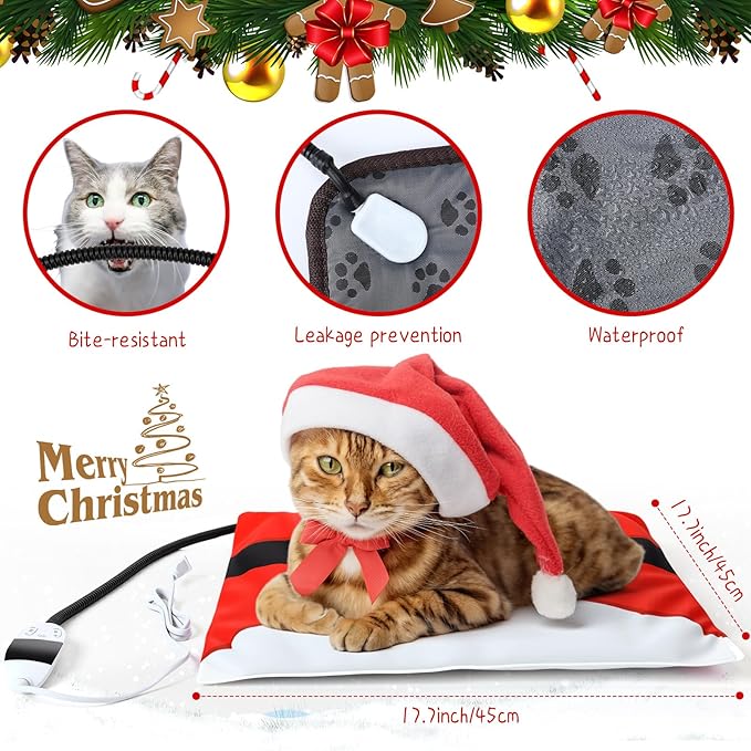 Tuanse Christmas Pets Heating Pad for Cats Dog 12 Level Adjustable Temperature Electric Heated Pad with Timer Waterproof Cat Heated Bed with Chew Resistant Cord for Pet Dog Puppy(17.7 x 17.7 Inch)