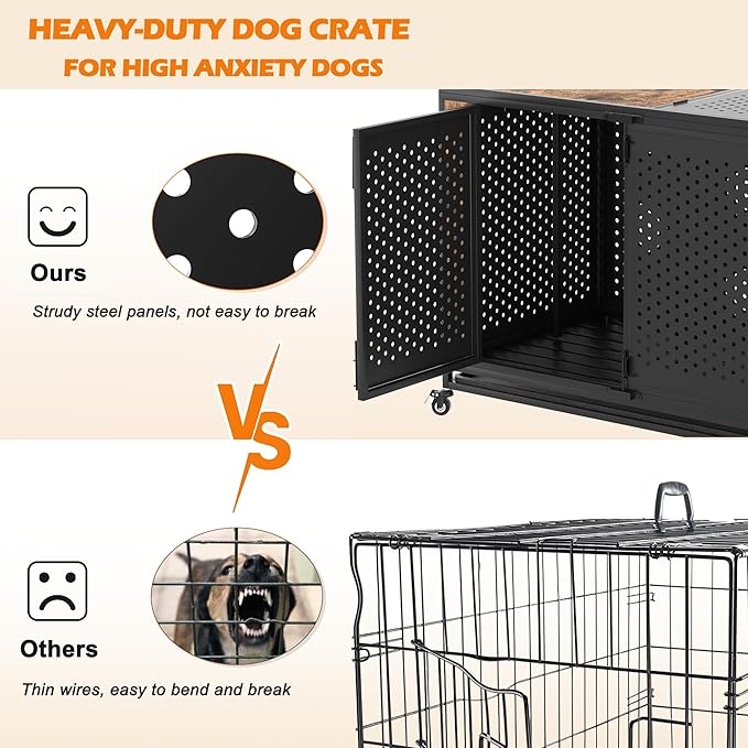 48" Heavy Duty Dog Crate Furniture for Extra Large Dogs, Enclosed Design with 0.5 inch Holes, Indestructible Metal Kennel for High Anxiety Dogs, Chew Proof Pet Cage House Indoor, Brown