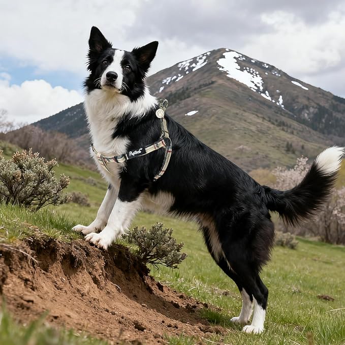 PUPTECK No Pull Dog Harness Soft Adjustable Basic Nylon Step in Puppy Vest Outdoor Walking with ID Tag, Plaid Beige, L