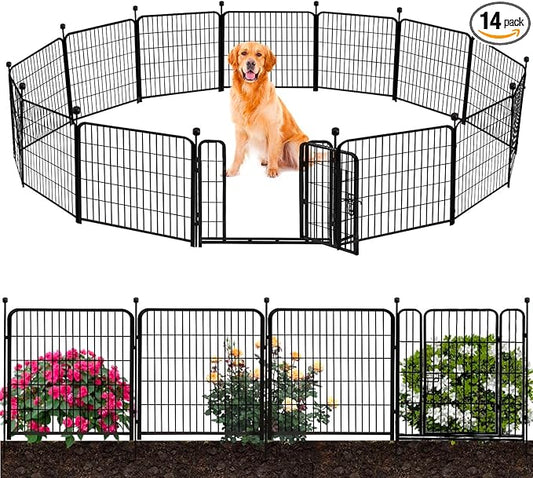 ADAVIN Garden Fencing 36 inch High, 14 Panels Total 31 Ft(L), Animal Barrier Fence, Wide gate Low Threshold, Yard Fence for Dogs, Black Metal Garden Fences and Borders, Outdoor Rabbit Fence