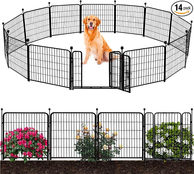 ADAVIN Garden Fence Wide Door Low Threshold, 40 inch High 14 Panels Total 31 Ft(L), Animal Barrier Fence No Dig, Fencing for Garden Beds, Black Iron Metal Heavy Duty Dog Fencing for Yard or Camping